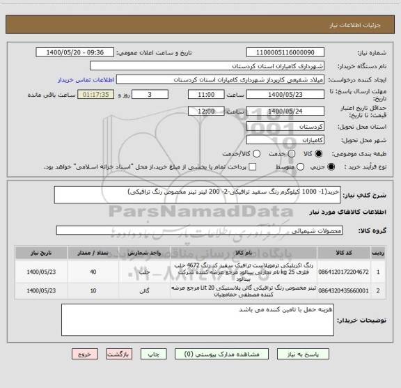 استعلام خرید(1- 1000 کیلوگرم رنگ سفید ترافیکی-2- 200 لیتر تینر مخصوص رنگ ترافیکی)