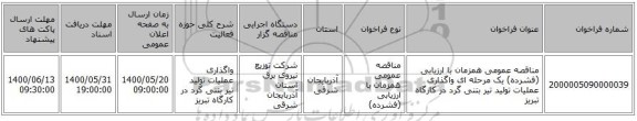 مناقصه عمومی همزمان با ارزیابی (فشرده) یک مرحله ای واگذاری عملیات تولید تیر بتنی گرد در کارگاه تبریز