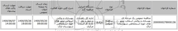 مناقصه عمومی یک مرحله ای بهسازی و روکش اسفالت محور های حوزه استحفاظی شهرستان اراک