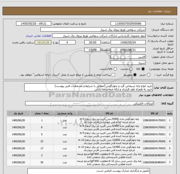 استعلام خرید انواع پایه سیمانی گرد و چهارگوش (مطابق با شرایط و مشخصات فنی پیوست)
خرید به همراه عقد قرارداد و ارائه ضمانتنامه بانکی