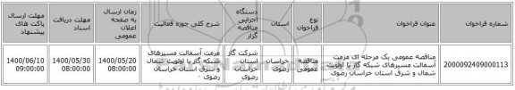 مناقصه عمومی یک مرحله ای مرمت آسفالت مسیرهای شبکه گاز با اولویت شمال و شرق استان خراسان رضوی 