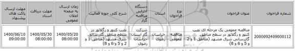 مناقصه عمومی یک مرحله ای نصب کنتور و رگلاتور در سطح مناطق گازرسانی شرق مشهد (مناطق 1 و 2 و 5 و 6 و 8) 