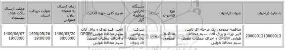 مناقصه عمومی یک مرحله ای تامین فیبر نوری و یراق آلات سیم محافظ هوایی OPGW و اجرای عملیات تعویض سیم محافظ هوایی 