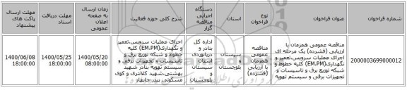 مناقصه عمومی همزمان با ارزیابی (فشرده) یک مرحله ای اجرای عملیات سرویس،تعمیر و نگهداری(EM،PM) کلیه خطوط و شبکه توزیع برق و تاسیسات و تجهیزات برقی و سیستم تهویه