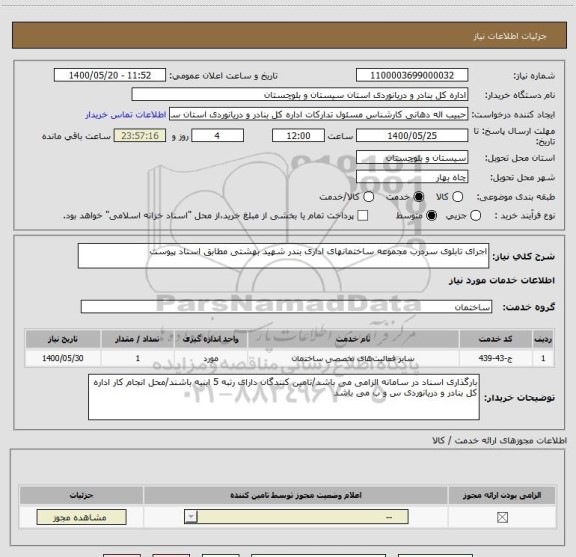 استعلام اجرای تابلوی سردرب مجموعه ساختمانهای اداری بندر شهید بهشتی مطابق اسناد پیوست
