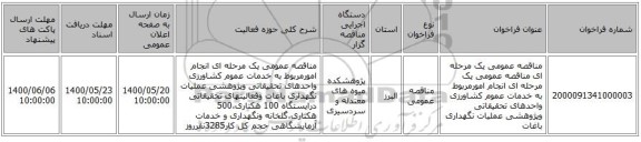 مناقصه عمومی یک مرحله ای مناقصه عمومی یک مرحله ای انجام امورمربوط به خدمات عموم کشاورزی واحدهای تحقیقاتی وپژوهشی عملیات نگهداری باغات
