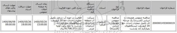 مناقصه عمومی همزمان با ارزیابی (فشرده) یک مرحله ای تکمیل عملیات احداث خط 20 کیلو ولت ایستگاههای پمپاژکرم آباد پلدشت