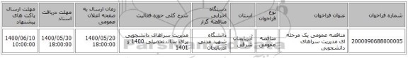 مناقصه عمومی یک مرحله ای مدیریت سراهای دانشجویی