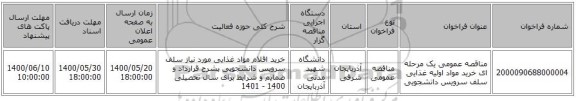مناقصه عمومی یک مرحله ای خرید مواد اولیه غذایی سلف سرویس دانشجویی