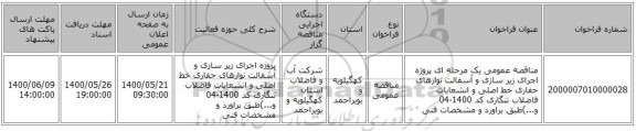 مناقصه عمومی یک مرحله ای پروژه اجرای زیر سازی و آسفالت نوارهای حفاری خط اصلی و انشعابات فاضلاب تنگاری کد 1400-04 و...)طبق براورد و مشخصات فنی