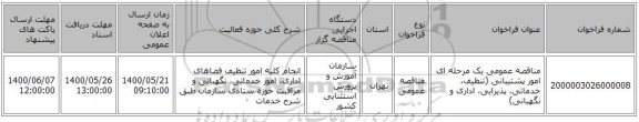 مناقصه عمومی یک مرحله ای امور پشتیبانی (تنظیف، خدماتی، پذیرایی، اداری و نگهبانی)