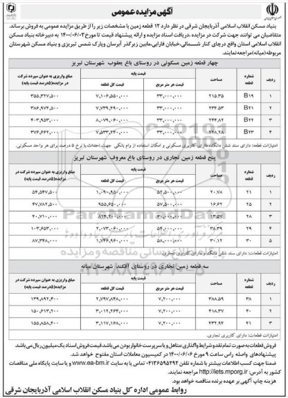 مزایده،مزایده فروش 12 قطعه زمین مسکونی و تجاری 