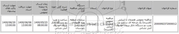 مناقصه عمومی همزمان با ارزیابی (فشرده) یک مرحله ای ساخت و نصب دو دستگاه تانکر برروی خودروی آتش نشانی