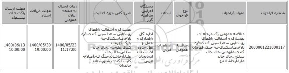 مناقصه عمومی یک مرحله ای بهسازی و آسفالت راههای روستایی سعدل،نبی کندی،قره بلاغ،عباسکندی-ببه جیک،قهرمان کندی،علوجنی،حال حال سفلی،حال حال علیا،آرخاشان،ج