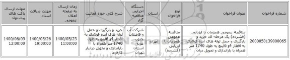 مناقصه عمومی همزمان با ارزیابی (فشرده) یک مرحله ای خرید و بارگیری و حمل لوله های آبده فولادی به اقطار 4و 6اینچ به طول 1740 متر همراه با باراندازی و تحویل دران