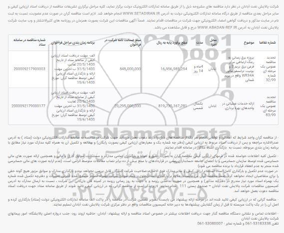 مناقصه پروژه برق رسانی به رینگ ارتباطی ...