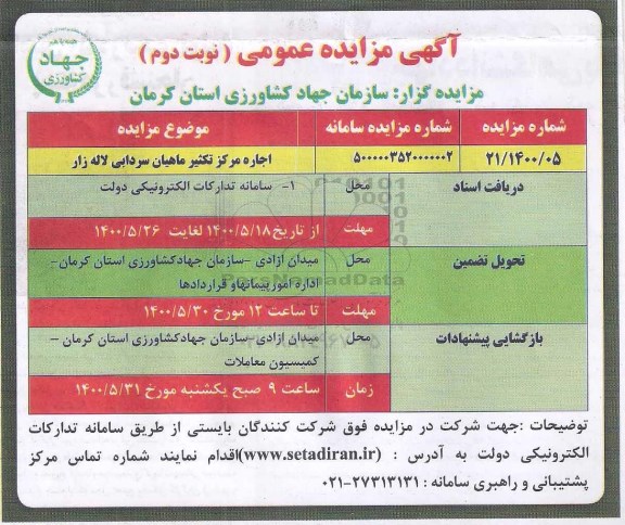 مزایده اجاره مرکز تکثیر ماهیان سردابی لاله زار نوبت دوم