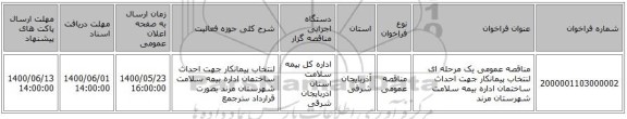 مناقصه عمومی یک مرحله ای لنتخاب پیمانکار جهت احداث ساختمان اداره بیمه سلامت شهرستان مرند