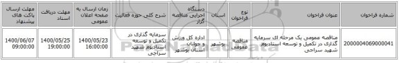 مناقصه عمومی یک مرحله ای سرمایه گذاری در تکمیل و توسعه استادیوم شهید سراجی