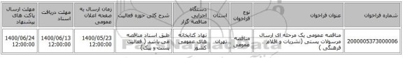 مناقصه عمومی یک مرحله ای ارسال مرسولات پستی (نشریات و اقلام فرهنگی )