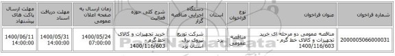 مناقصه عمومی دو مرحله ای خرید تجهیزات و کالای خط گرم -1400/116/603