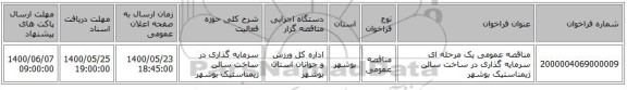 مناقصه عمومی یک مرحله ای سرمایه گذاری در ساخت سالن ژیمناستیک بوشهر