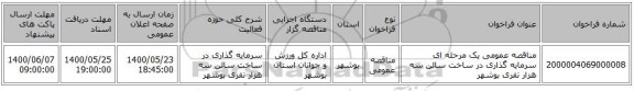 مناقصه عمومی یک مرحله ای سرمایه گذاری در ساخت سالن سه هزار نفری بوشهر