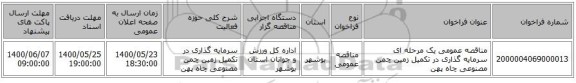 مناقصه عمومی یک مرحله ای سرمایه گذاری در تکمیل زمین چمن مصنوعی چاه پهن