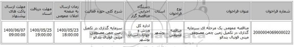 مناقصه عمومی یک مرحله ای سرمایه گذاری در تکمیل زمین چمن مصنوعی مینی فوتبال بندالو