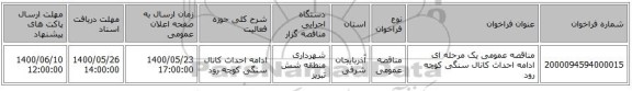 مناقصه عمومی یک مرحله ای ادامه احداث کانال سنگی کوچه رود