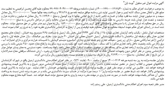 مزایده،مزایده فروش یکباب واحد آپارتمان تجاری شماره 25 از پلاک ثبتی 3746 اصلی 