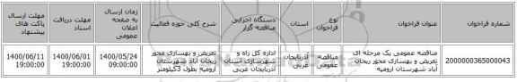 مناقصه عمومی یک مرحله ای تعریض و بهسازی محور ریحان آباد شهرستان ارومیه
