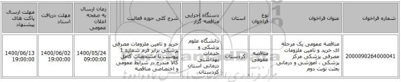 مناقصه عمومی یک مرحله ای خرید و تامین ملزومات مصرفی پزشکی مرکز پزشکی ، آموزشی و درمانی بعثت نوبت دوم