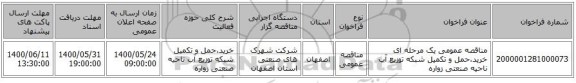مناقصه عمومی یک مرحله ای خرید،حمل و تکمیل شبکه توزیع آب ناحیه صنعتی زواره 