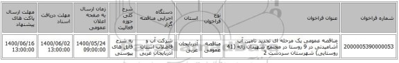 مناقصه عمومی یک مرحله ای تجدید تامین آب آشامیدنی در 9 روستا در مجتمع شهیدان ژاله (41 روستایی) شهرستان سردشت 2 