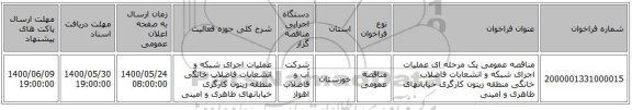 مناقصه عمومی یک مرحله ای عملیات اجرای شبکه و انشعابات فاضلاب خانگی منطقه زیتون کارگری خیابانهای طاهری و امینی