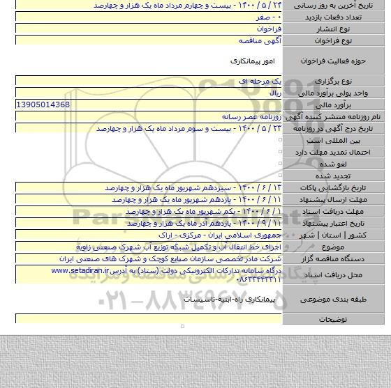 اجرای خط انتقال آب و تکمیل شبکه توزیع آب شهرک صنعتی زاویه