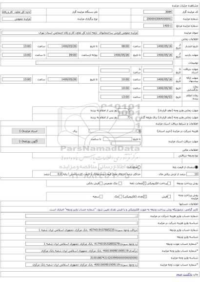 مزایده عمومی فروش ساختمانهای  تابعه اداره کل تعاون کار و رفاه اجتماعی استان تهران 