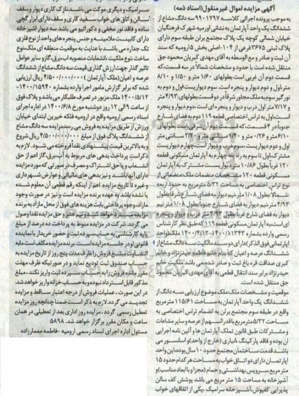 مزایده،مزایده سه دانگ مشاع از ششدانگ آپارتمان