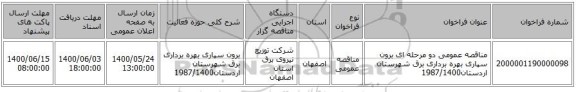 مناقصه عمومی دو مرحله ای برون سپاری بهره برداری برق شهرستان اردستان1987/1400