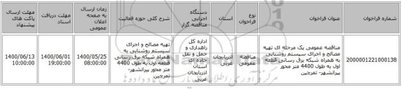 مناقصه عمومی یک مرحله ای تهیه مصالح و اجرای سیستم روشنایی به همراه شبکه برق رسانی قطعه اول به طول 4400 متر محور پیرانشهر- تمرچین