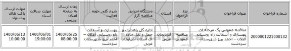 مناقصه عمومی یک مرحله ای بهسازی و آسفالت راه روستایی آغلان – احمد بریو شهرستان سردشت