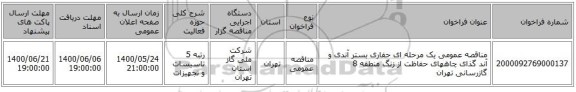 مناقصه عمومی یک مرحله ای حفاری بستر آندی و آند گذای چاههای حفاظت از زنگ منطقه 8 گازرسانی تهران