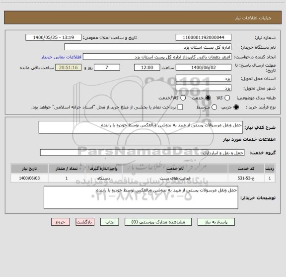 استعلام حمل ونقل مرسولات پستی از میبد به ندوشن وبالعکس توسط خودرو با راننده