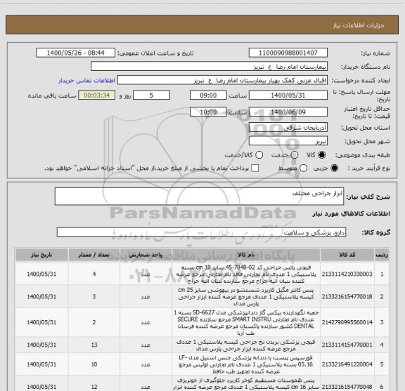 استعلام ابزار جراحی مختلف 