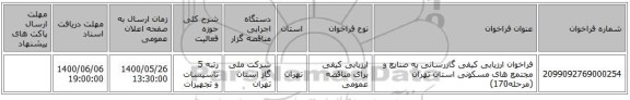 فراخوان ارزیابی کیفی گازرسانی به صنایع و مجتمع های مسکونی استان تهران (مرحله170)