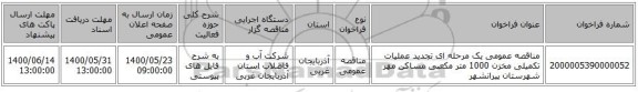 مناقصه عمومی یک مرحله ای تجدید عملیات تکمیلی مخزن 1000 متر مکعبی مساکن مهر شهرستان پیرانشهر