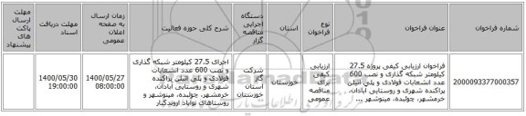 فراخوان ارزیابی کیفی پروژه 27.5 کیلومتر شبکه گذاری و نصب 600 عدد انشعابات فولادی و پلی اتیلن پراکنده شهری و روستایی آبادان، خرمشهر، چوئبده، مینوشهر ...