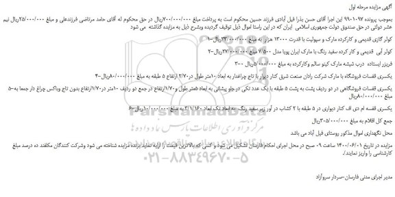 مزایده،مزایده فروش کولر گازی قدیمی و کارکرده مارک و سپولیت با قدرت 13000 هزار  و...