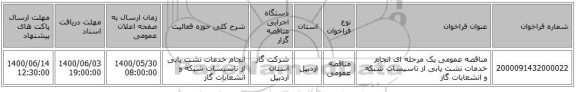 مناقصه عمومی یک مرحله ای انجام خدمات نشت یابی از تاسیسات شبکه و انشعابات گاز 